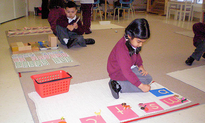 Create a realistic image of a diverse group of happy children, including both boys and girls of various races, engaged in different Montessori activities in a bright, colorful classroom with natural light streaming through large windows, surrounded by wooden Montessori materials and plants, emphasizing a nurturing and stimulating learning environment.