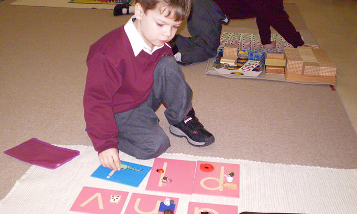 Create a realistic image of a young Asian girl, around 5 years old, sitting at a low Montessori table, engrossed in solving a colorful wooden puzzle. The classroom background features natural light, earth-toned walls, and shelves lined with various Montessori materials. A diverse group of children can be seen working independently in the background, emphasizing the cognitive development aspect of the Montessori method.